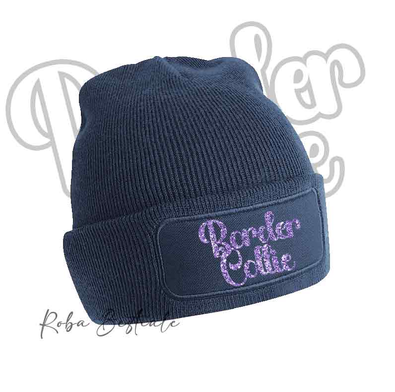 Cappellino invernale blu navy con patch “Border Collie” viola