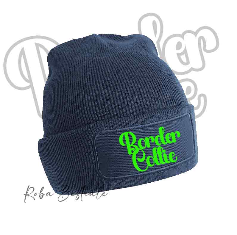 Cappellino invernale blu navy con patch “Border Collie” verde lime