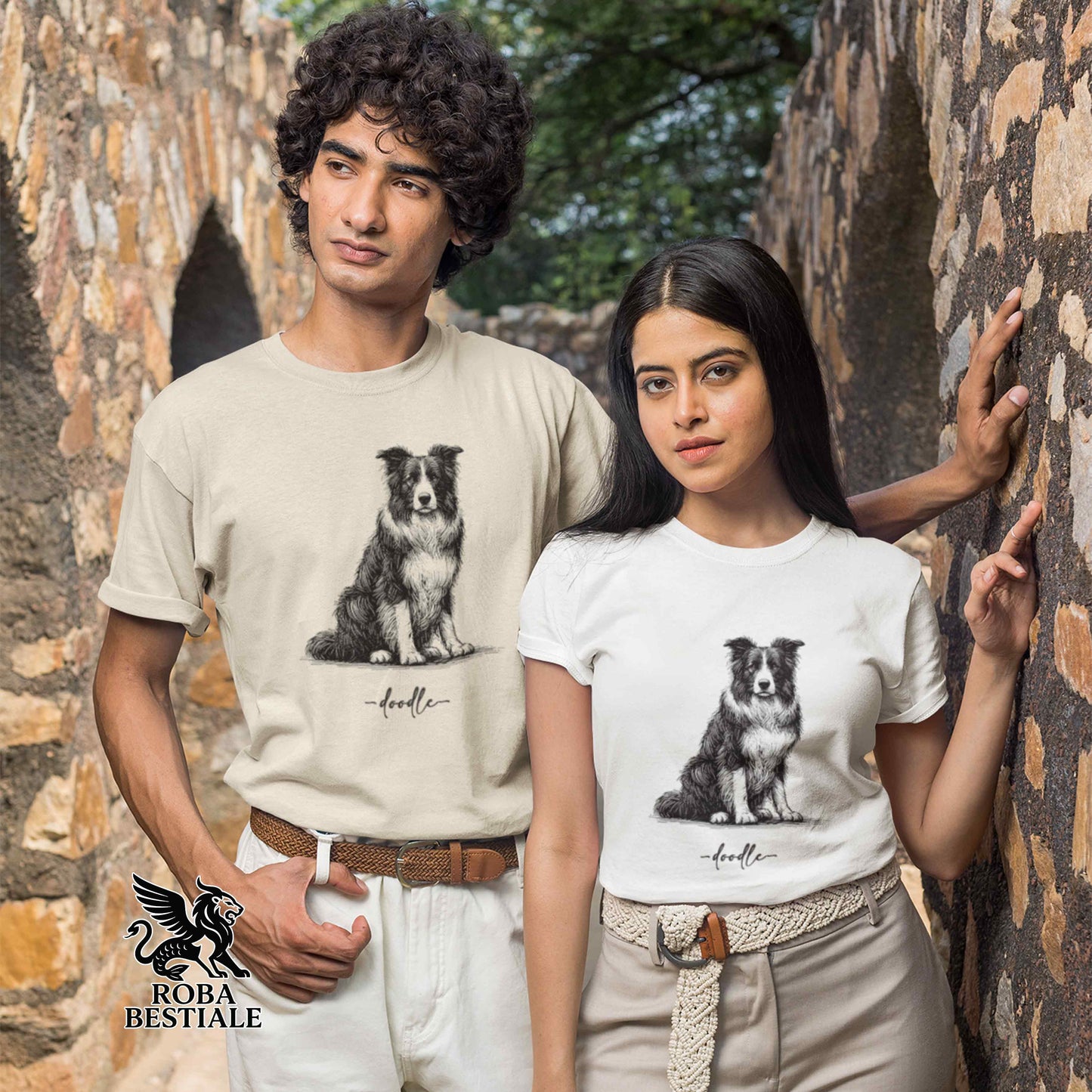 T-Shirt DOODLE - BORDER COLLIE Bianco e Nero - Bianca o Beige, da Uomo o da Donna - dalla XS alla 5XL