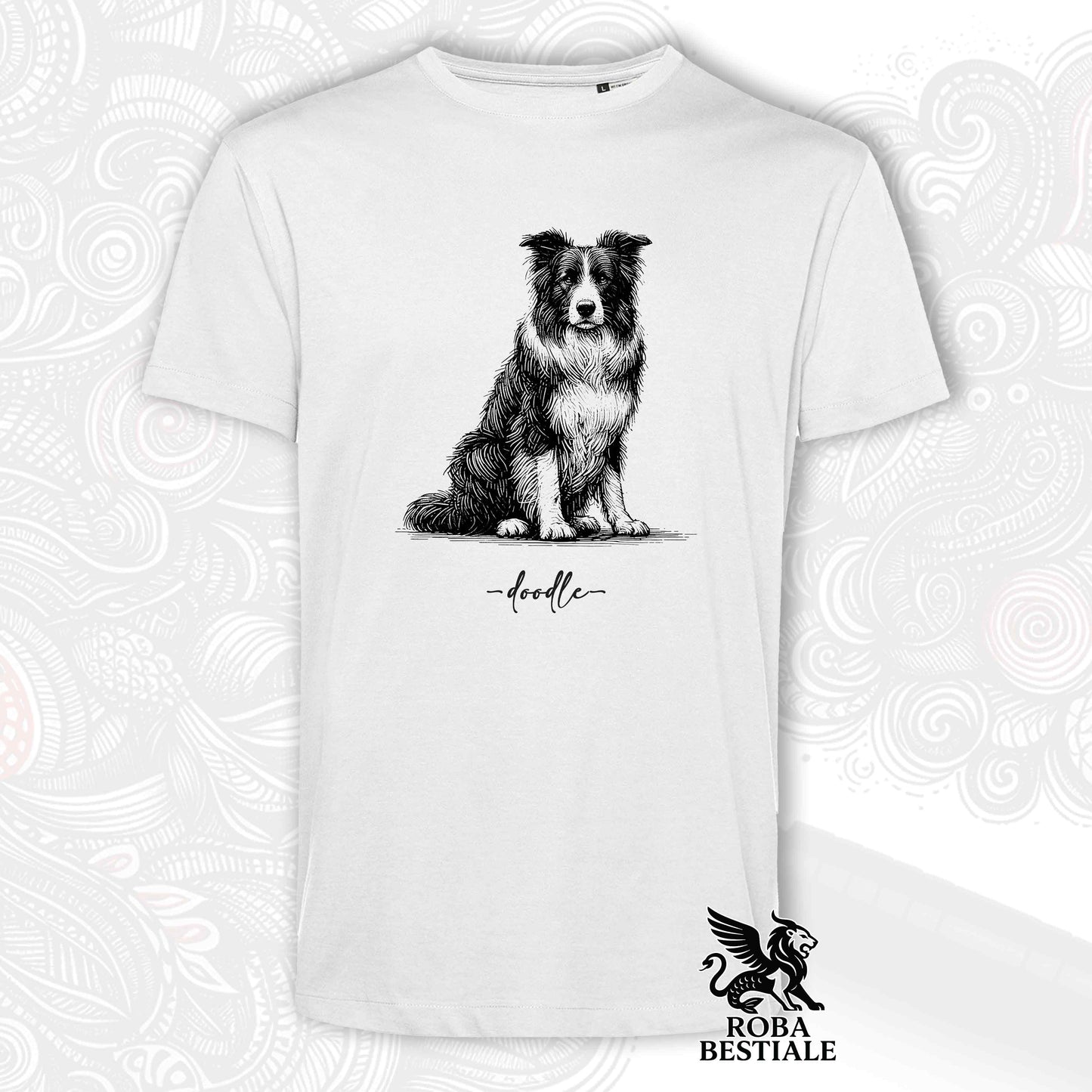 T-Shirt DOODLE - BORDER COLLIE Bianco e Nero - Bianca o Beige, da Uomo o da Donna - dalla XS alla 5XL