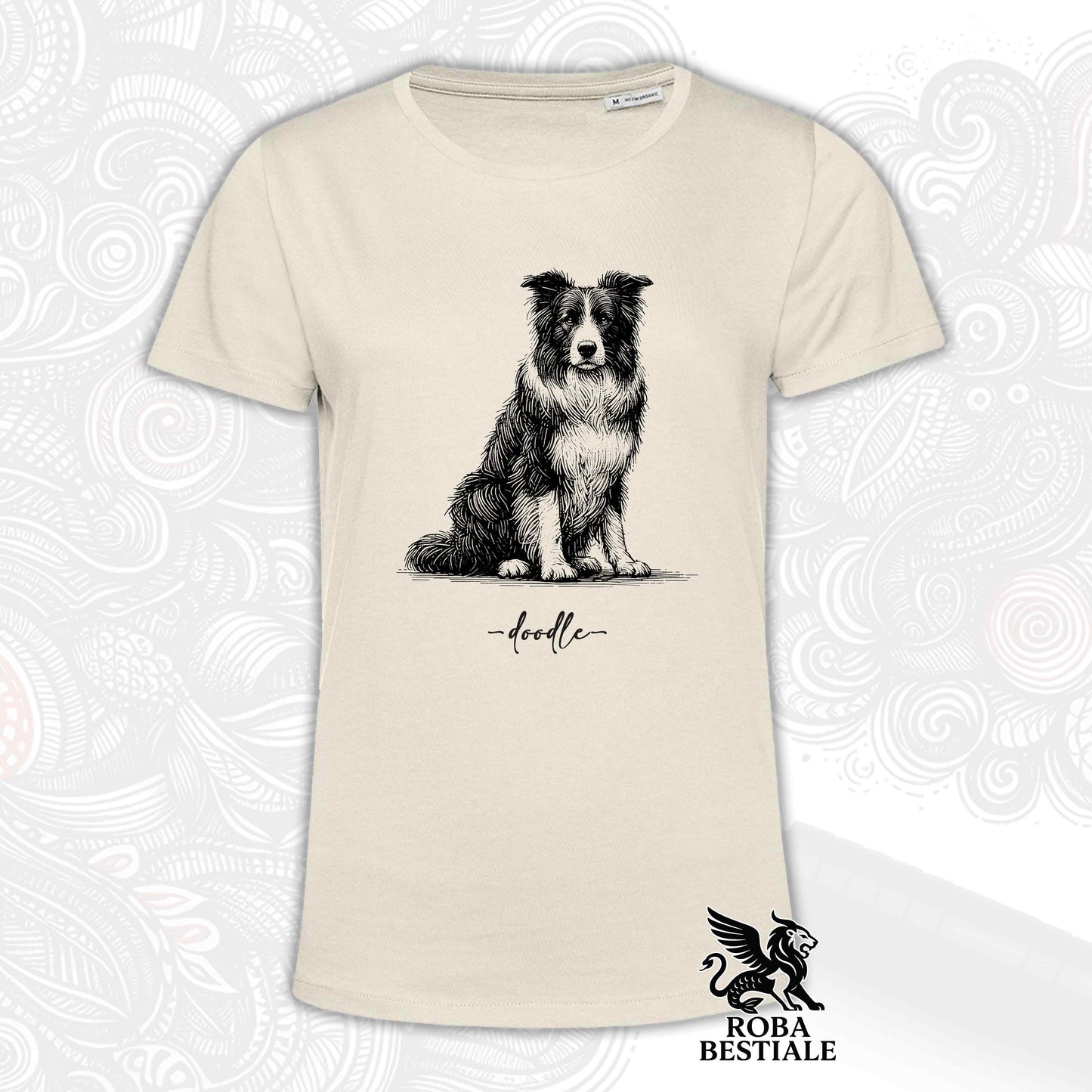 T-Shirt DOODLE - BORDER COLLIE Bianco e Nero - Bianca o Beige, da Uomo o da Donna - dalla XS alla 5XL