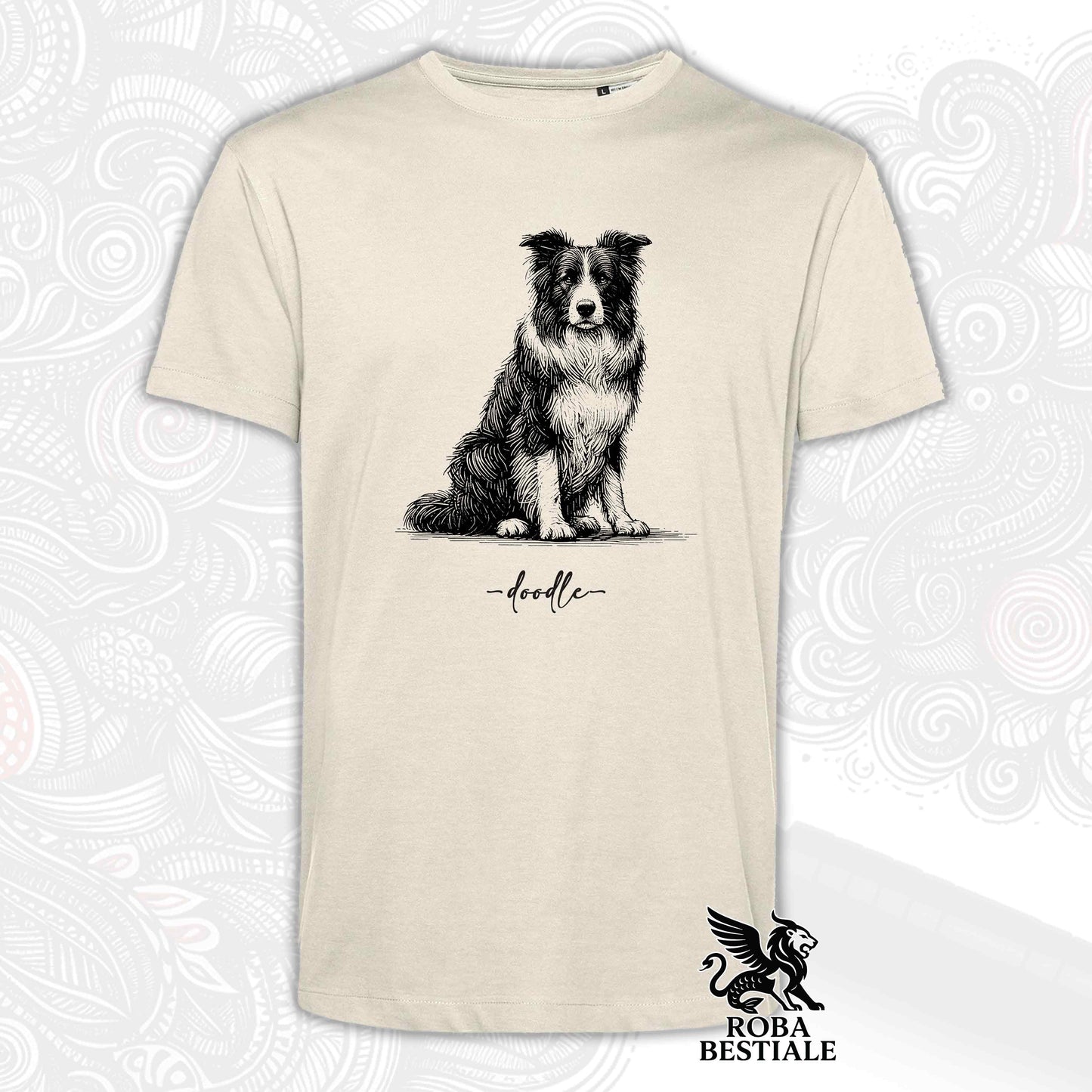 T-Shirt DOODLE - BORDER COLLIE Bianco e Nero - Bianca o Beige, da Uomo o da Donna - dalla XS alla 5XL