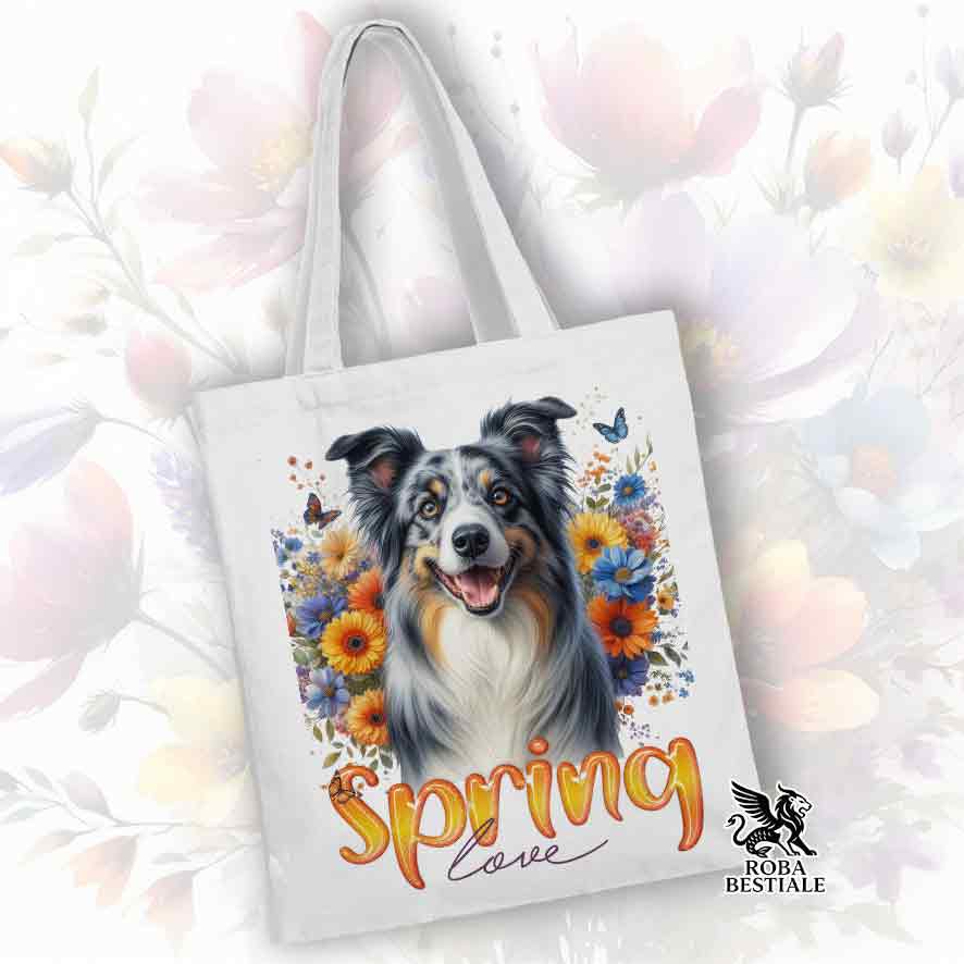 Shopper SPRING LOVE - BORDER COLLIE Blue Merle - 100% Cotone - Bianca o Beige