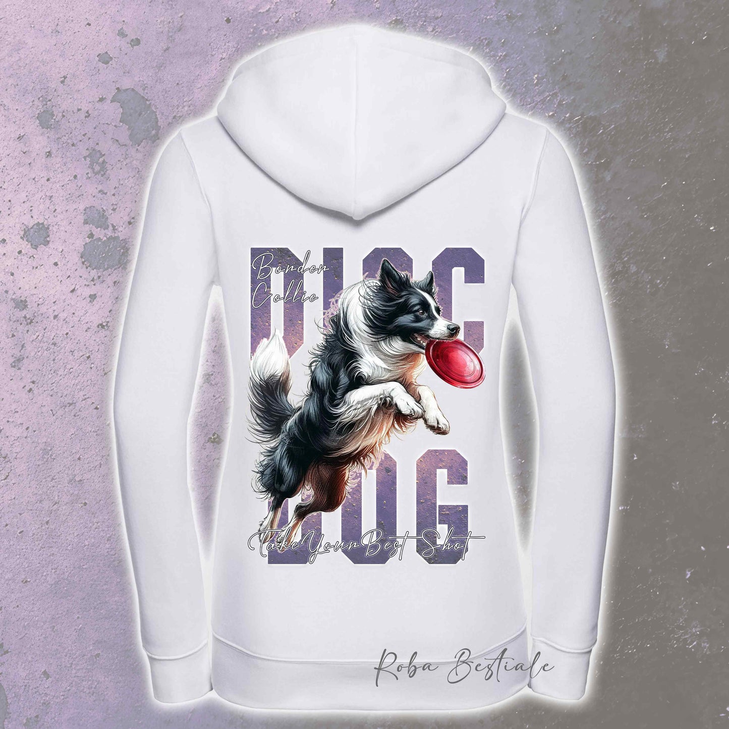 Felpa APTITUDE - DISC DOG - BORDER COLLIE Bianco e Nero - Con Cappuccio e Full Zip, Uomo o Donna, in tanti colori - dalla XS alla 5XL
