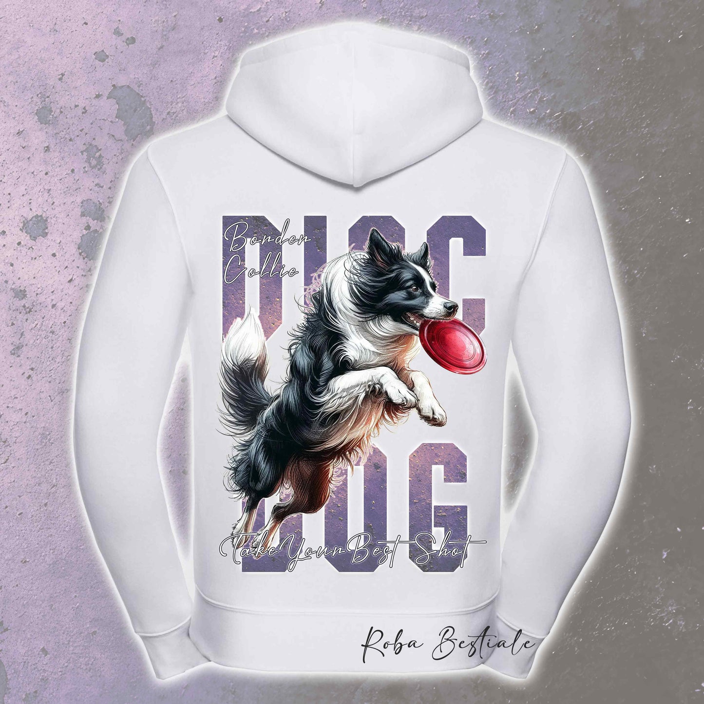 Felpa APTITUDE - DISC DOG - BORDER COLLIE Bianco e Nero - Con Cappuccio e Full Zip, Uomo o Donna, in tanti colori - dalla XS alla 5XL