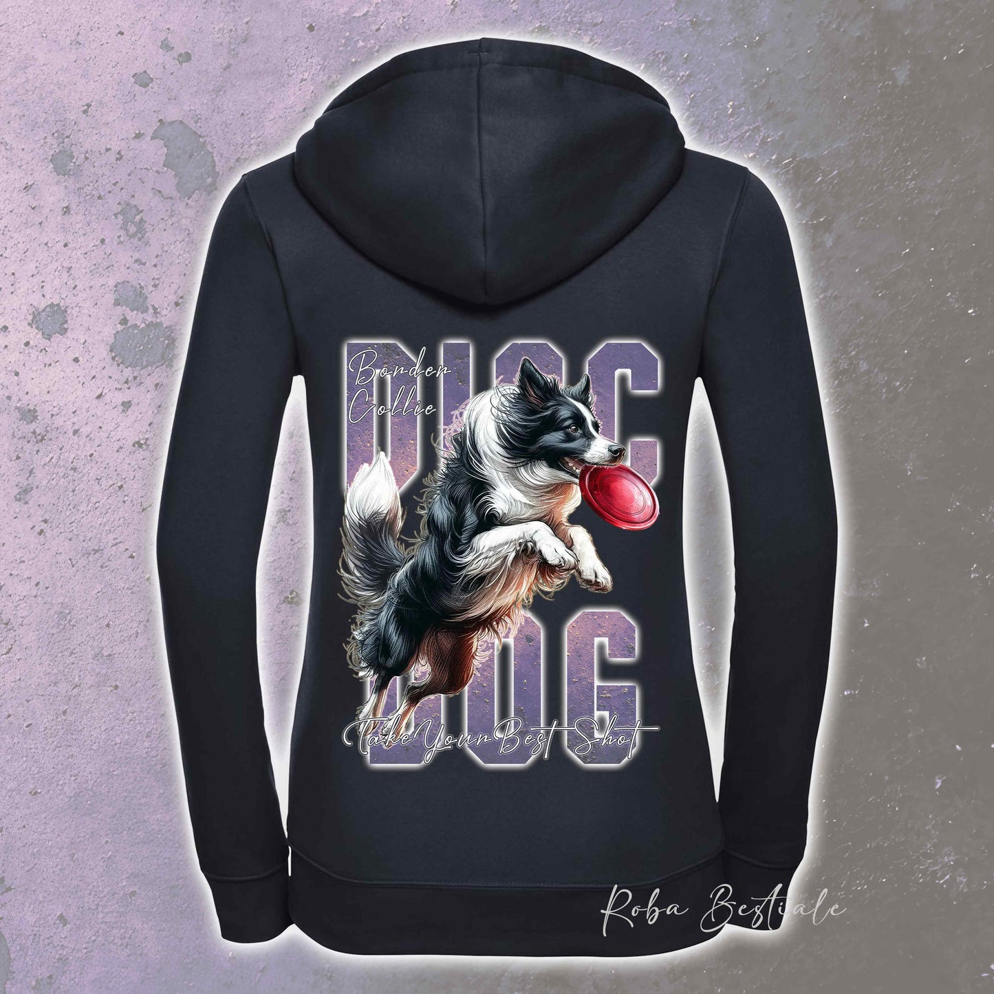 Felpa APTITUDE - DISC DOG - BORDER COLLIE Bianco e Nero - Con Cappuccio e Full Zip, Uomo o Donna, in tanti colori - dalla XS alla 5XL