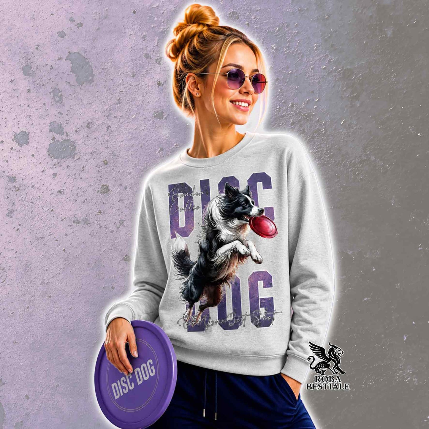 Felpa Invernale APTITUDE - DISC DOG - BORDER COLLIE Bianco e Nero - Girocollo, Unisex, colore a scelta - dalla XS alla 3XL