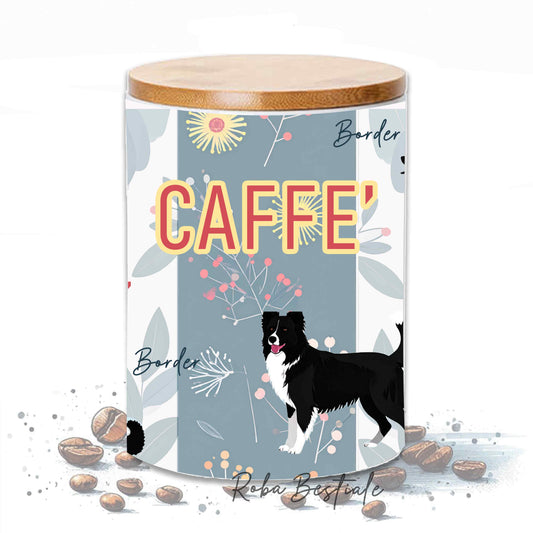 Barattolo CAFFE' - BORDER COLLIE Bianco e Nero - In Ceramica, Tappo in legno con guarnizione
