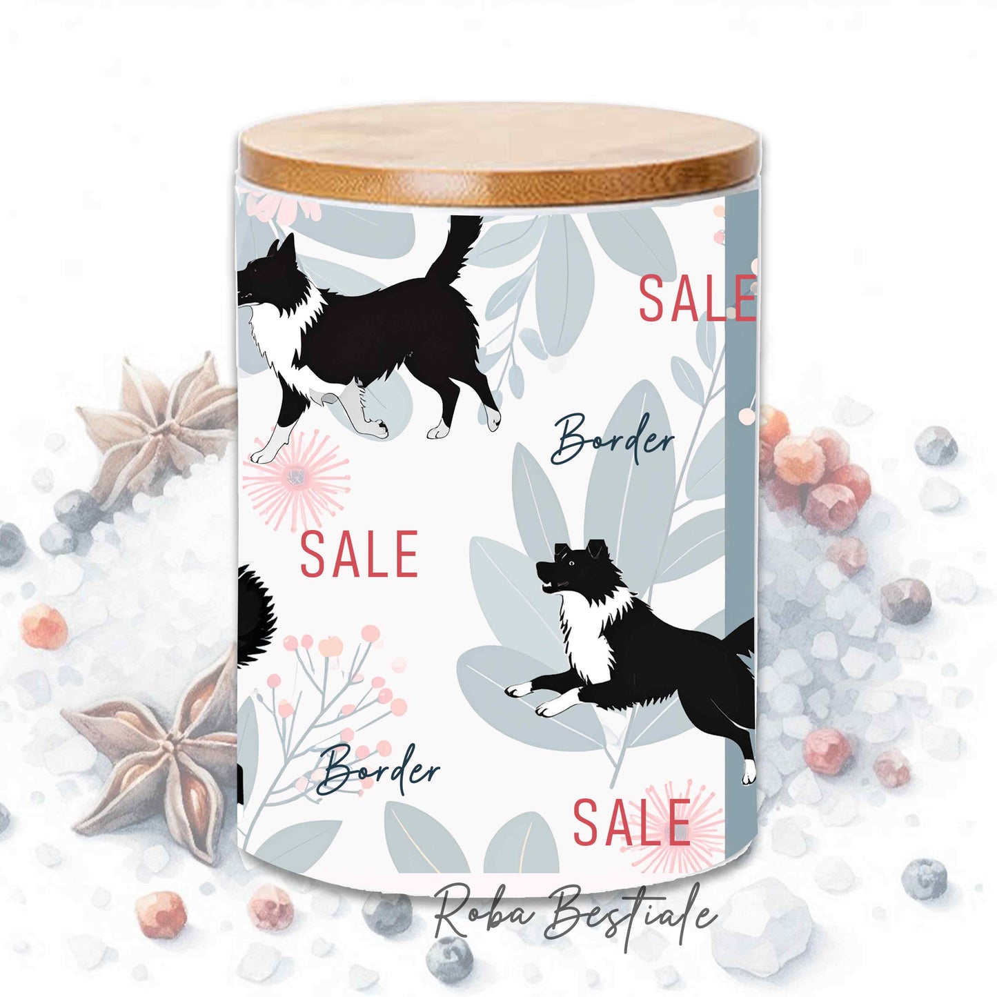 Barattolo SALE - BORDER COLLIE Bianco e Nero - In Ceramica, Tappo in legno con guarnizione