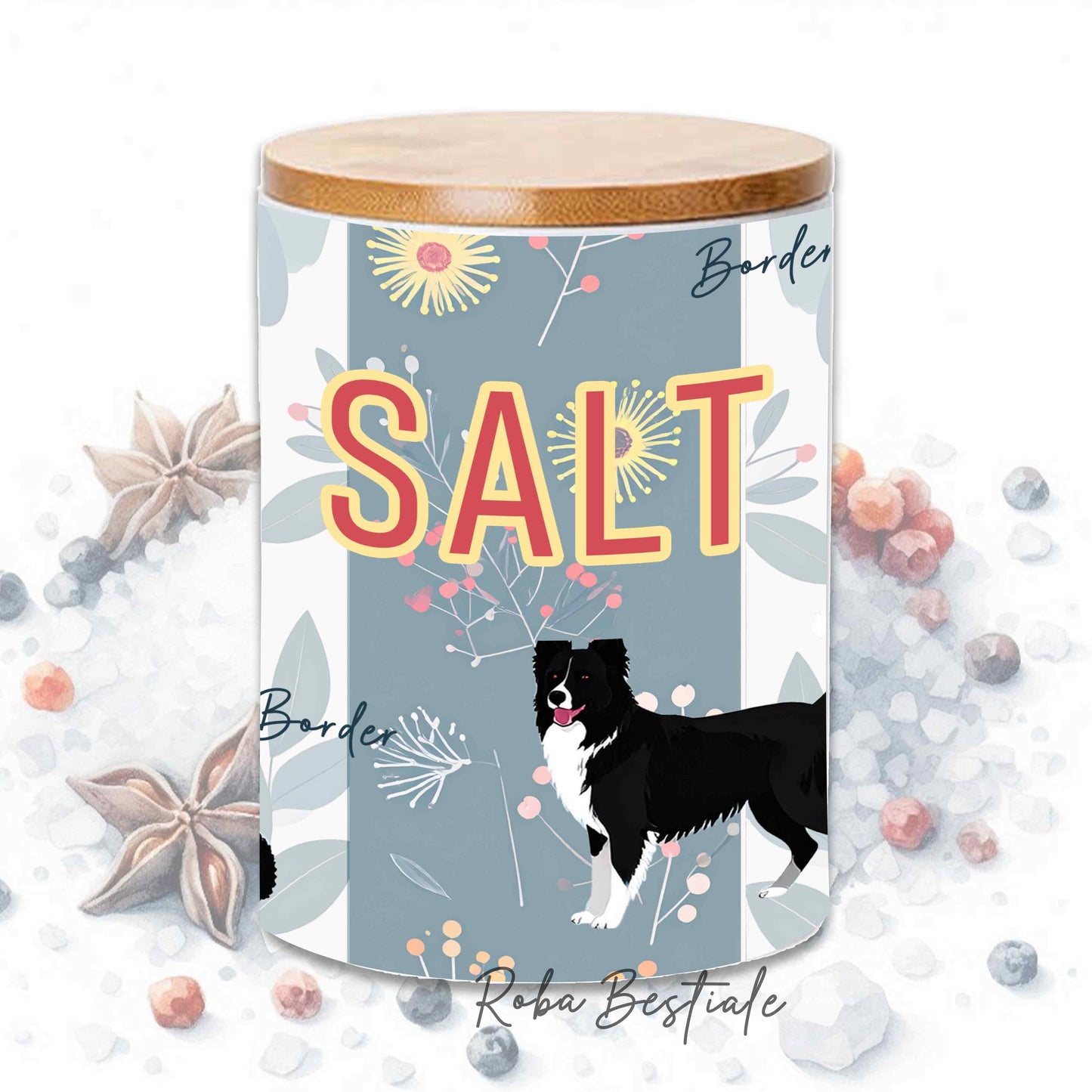 Barattolo SALE - BORDER COLLIE Bianco e Nero - In Ceramica, Tappo in legno con guarnizione