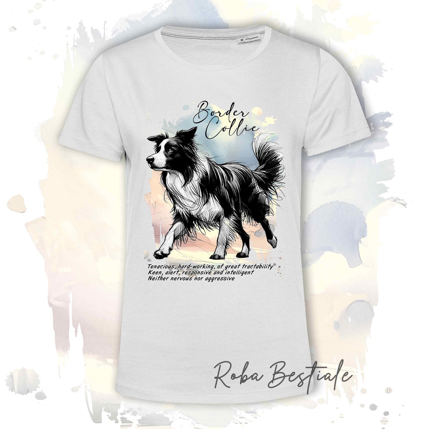T-Shirt BEHAVIOR - BORDER COLLIE Bianco e Nero - Standard FCI - 100% Cotone, Bianca, Uomo o Donna - dalla XS alla 5XL