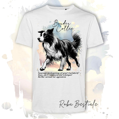 T-Shirt BEHAVIOR - BORDER COLLIE Bianco e Nero - Standard FCI - 100% Cotone, Bianca, Uomo o Donna - dalla XS alla 5XL