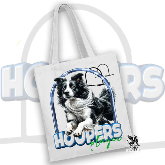 Tote Bag HOOPERS Player - BORDER COLLIE Bianco e Nero - 100% Cotone - Bianca o Beige