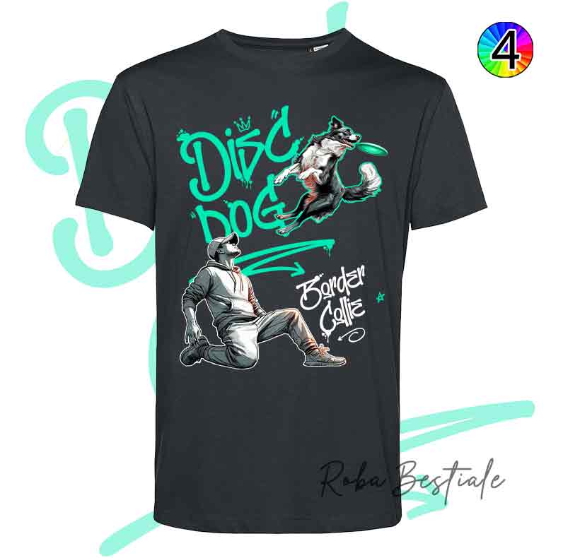 T-Shirt NERA Disc Dog GRAFFITI - BORDER COLLIE Bianco & Nero - Design "BOY" - Dettagli in 4 colori!