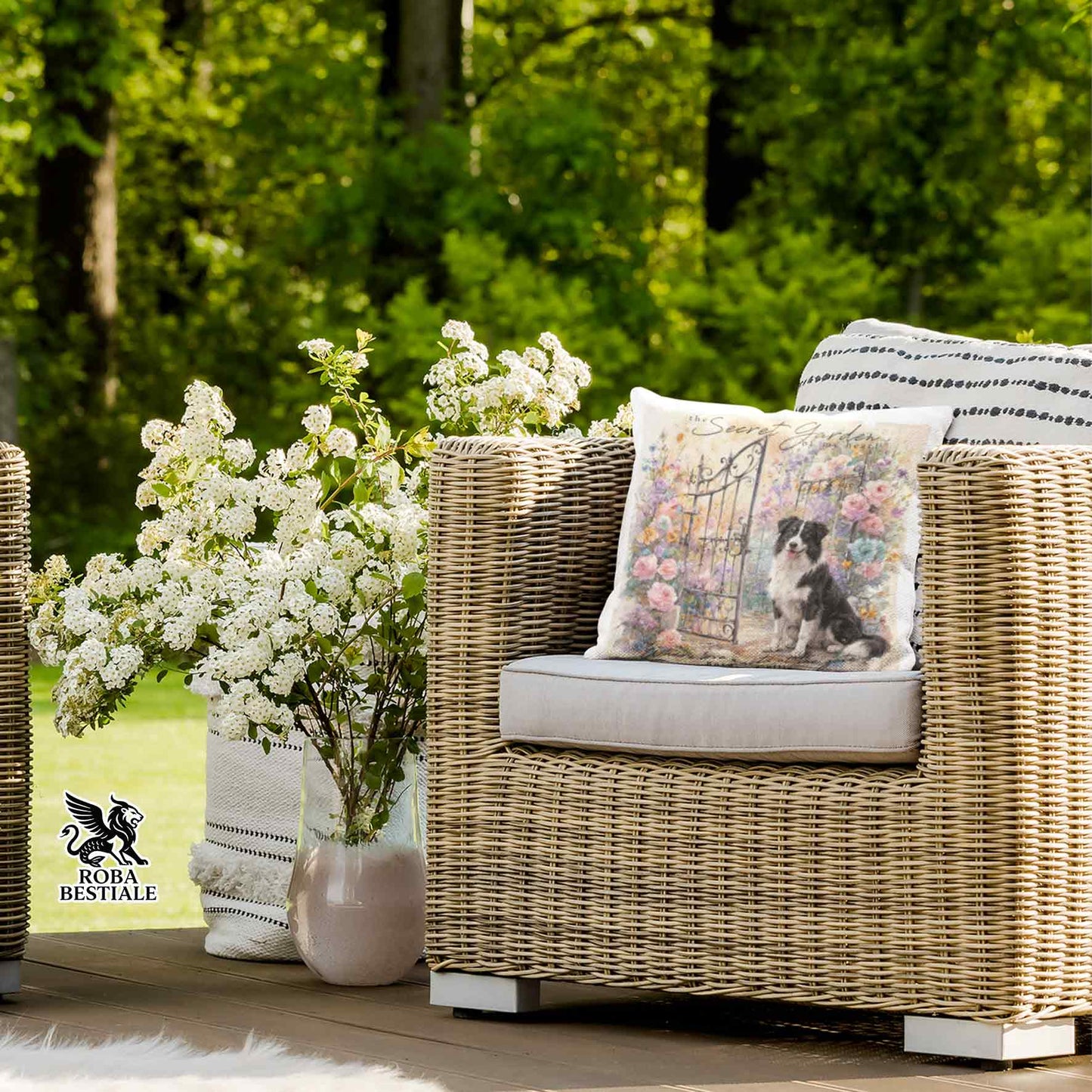 Cuscino SECRET GARDEN - BORDER COLLIE Bianco e Nero - 100% Tela di Cotone - 40x40 cm
