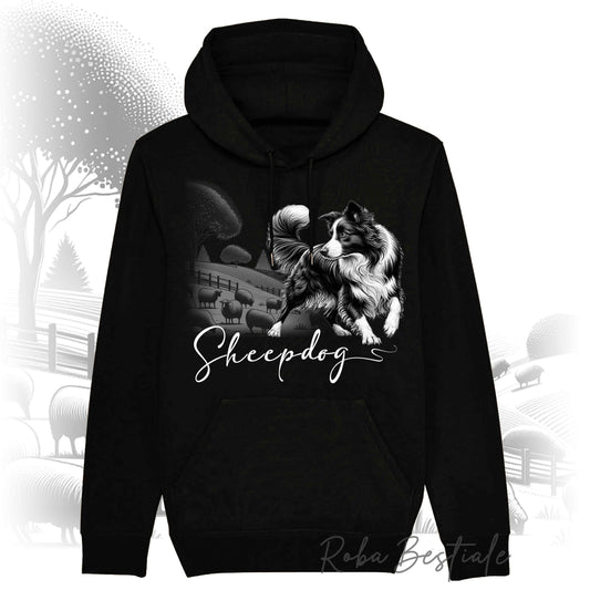Felpa Estiva BLACK & WHITE "SHEEPDOG" - BORDER COLLIE - con Cappuccio, Unisex - Nera - dalla S alla 2XL
