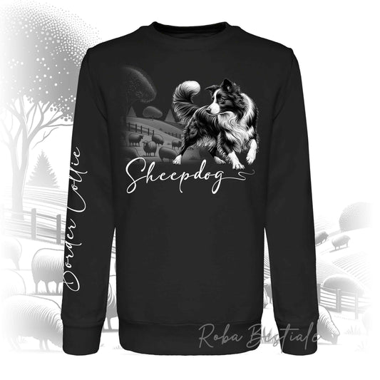 Felpa Estiva BLACK & WHITE "SHEEPDOG" - BORDER COLLIE - Girocollo, Unisex - Nera - dalla S alla 2XL