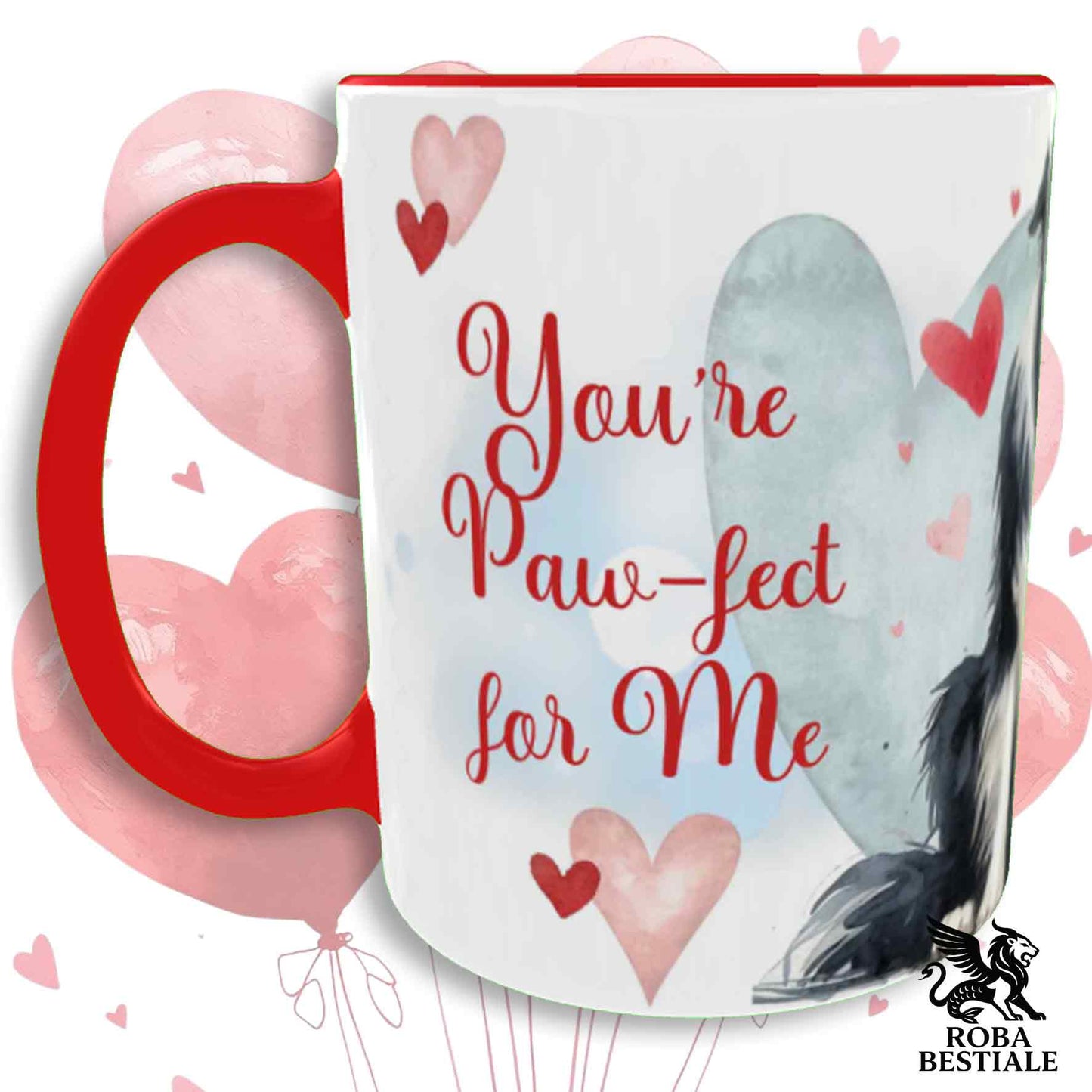 Tazza LOVE ME - BORDER COLLIE Bianco e Nero - In Ceramica, con dettagli Rossi - 330 ml