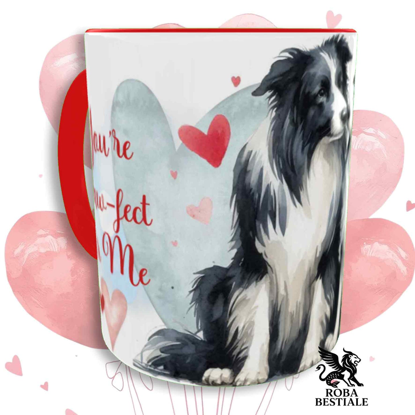 Tazza LOVE ME - BORDER COLLIE Bianco e Nero - In Ceramica, con dettagli Rossi - 330 ml