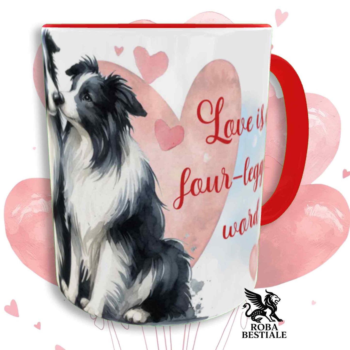 Tazza LOVE ME - BORDER COLLIE Bianco e Nero - In Ceramica, con dettagli Rossi - 330 ml