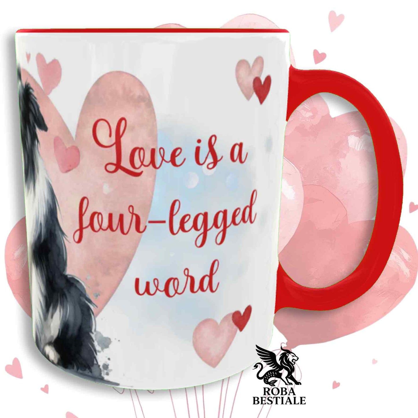 Tazza LOVE ME - BORDER COLLIE Bianco e Nero - In Ceramica, con dettagli Rossi - 330 ml