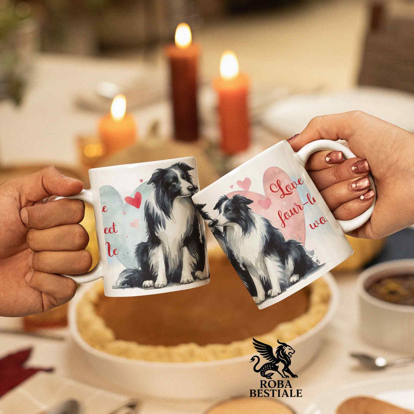 Tazza LOVE ME - BORDER COLLIE Bianco e Nero - In Ceramica, con dettagli Rossi - 330 ml