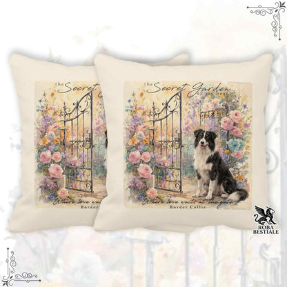 Cuscino SECRET GARDEN - BORDER COLLIE Bianco e Nero - 100% Tela di Cotone - 40x40 cm