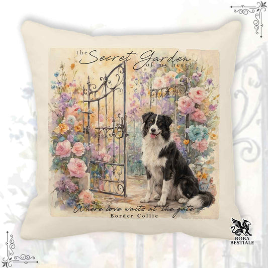 Cuscino SECRET GARDEN - BORDER COLLIE Bianco e Nero - 100% Tela di Cotone - 40x40 cm