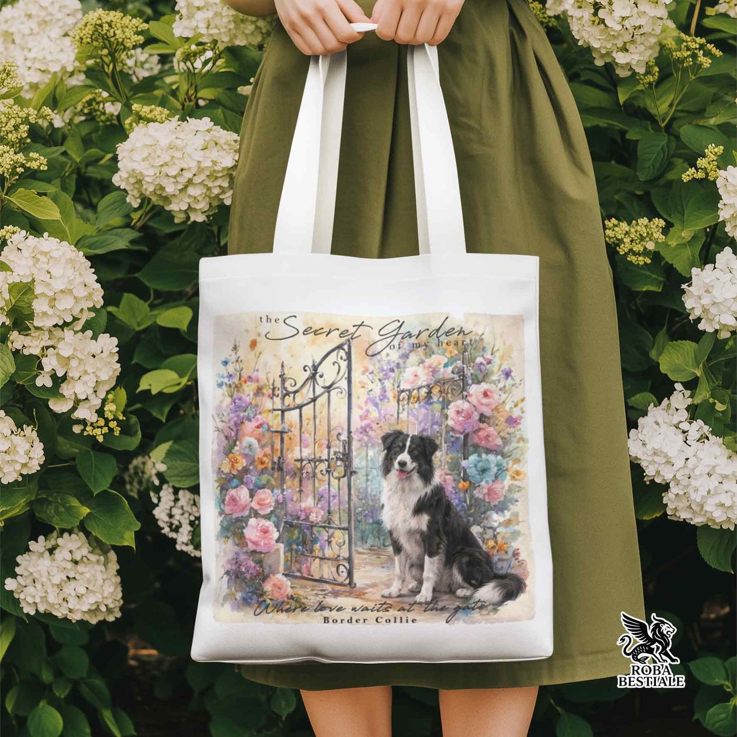 Tote Bag SECRET GARDEN - BORDER COLLIE Bianco e Nero - 100% Cotone - Bianca o Beige