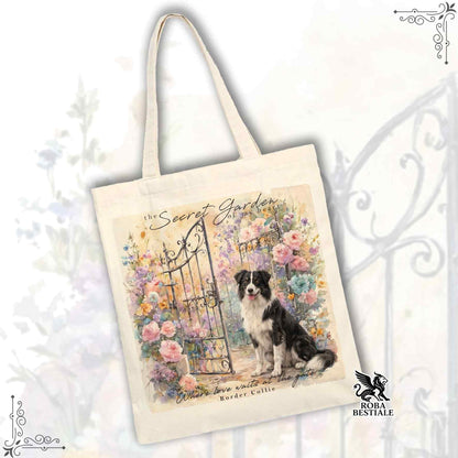 Tote Bag SECRET GARDEN - BORDER COLLIE Bianco e Nero - 100% Cotone - Bianca o Beige