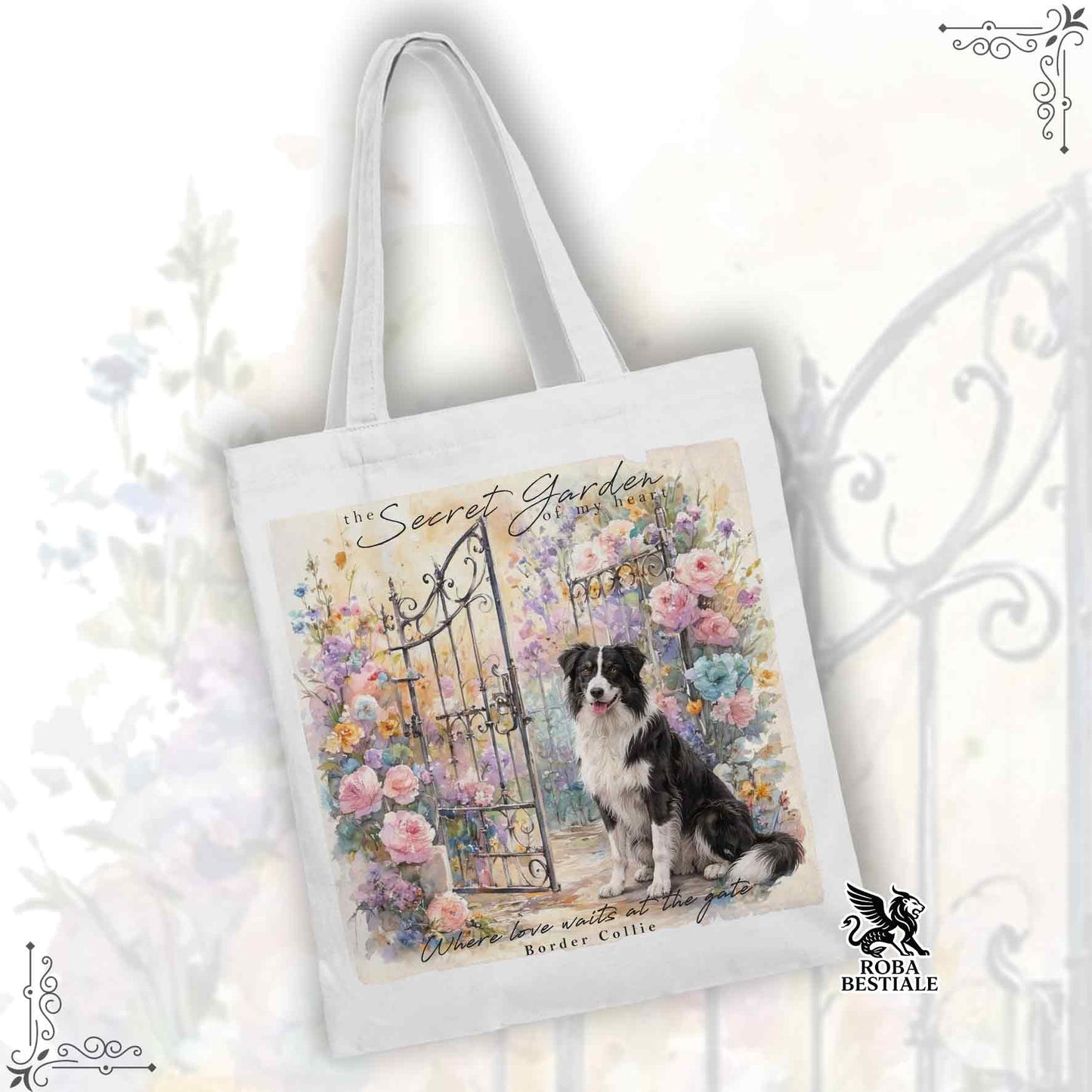 Tote Bag SECRET GARDEN - BORDER COLLIE Bianco e Nero - 100% Cotone - Bianca o Beige