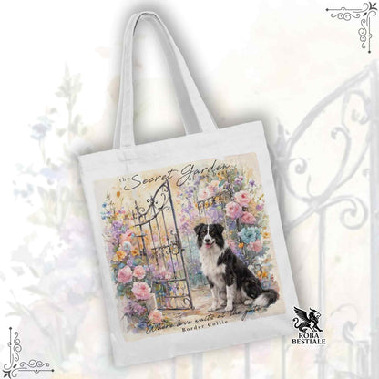 Tote Bag SECRET GARDEN - BORDER COLLIE Bianco e Nero - 100% Cotone - Bianca o Beige