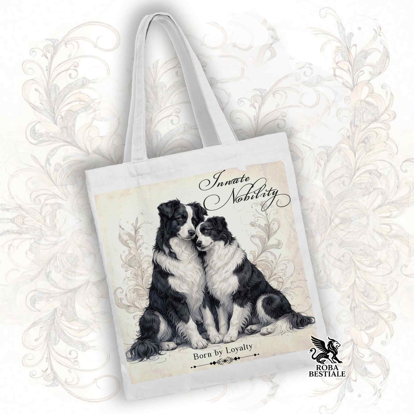 Tote Bag NOBILITY - BORDER COLLIE Bianco e Nero - 100% Cotone - Bianca o Beige