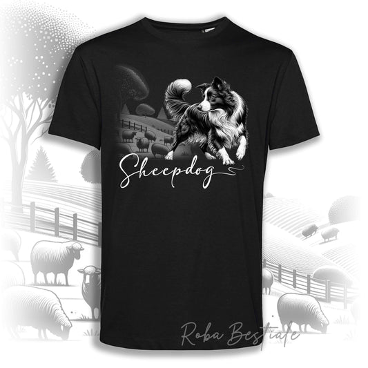 T-shirt BLACK & WHITE "Sheepdog" - BORDER COLLIE Bianco e Nero - NERA - Uomo o Donna, 100% Cotone