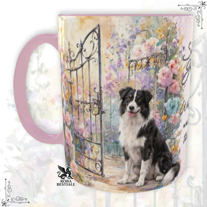 Tazza SECRET GARDEN - BORDER COLLIE Bianco e Nero - Dettagli ROSA - 330 ml - in Ceramica