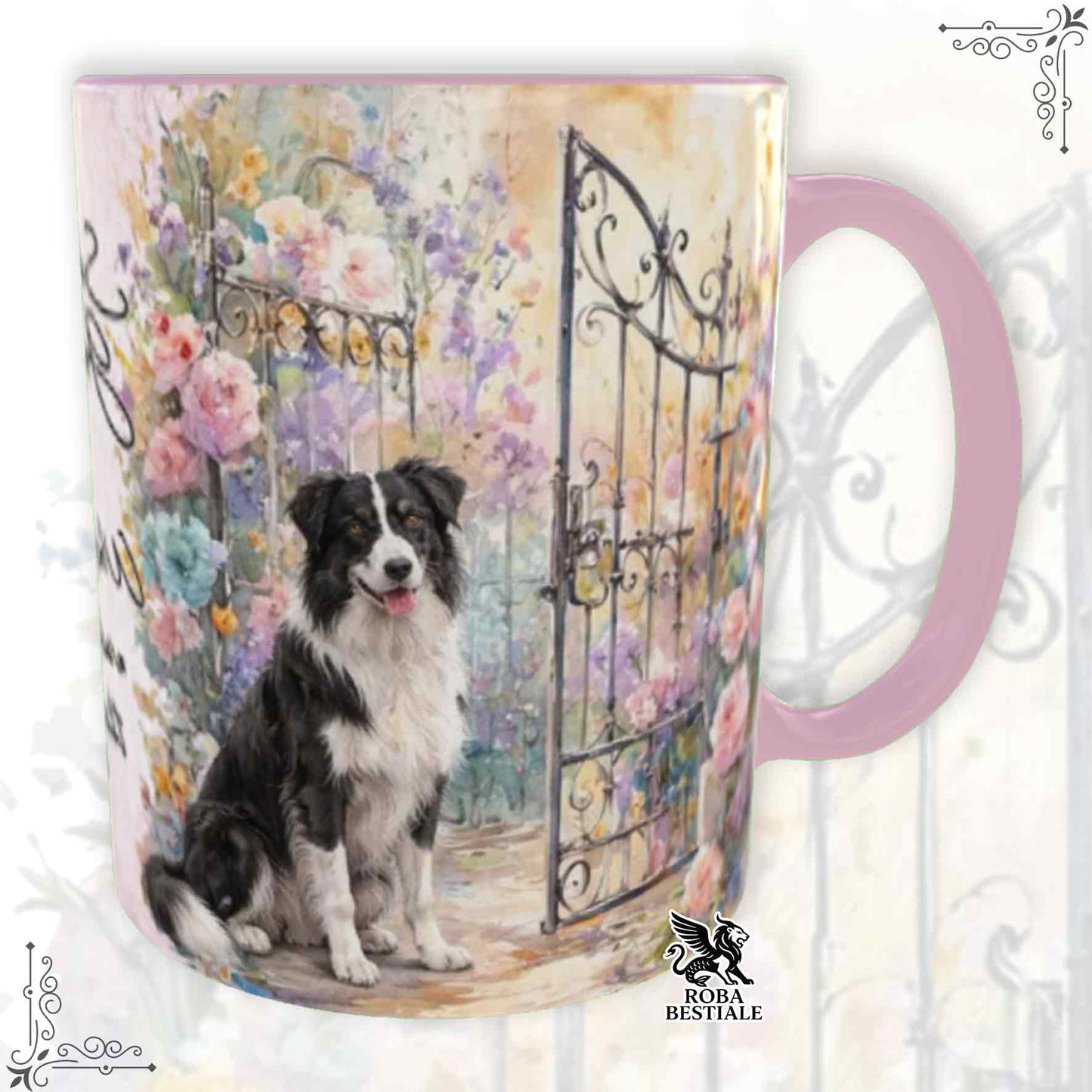 Tazza SECRET GARDEN - BORDER COLLIE Bianco e Nero - Dettagli ROSA - 330 ml - in Ceramica