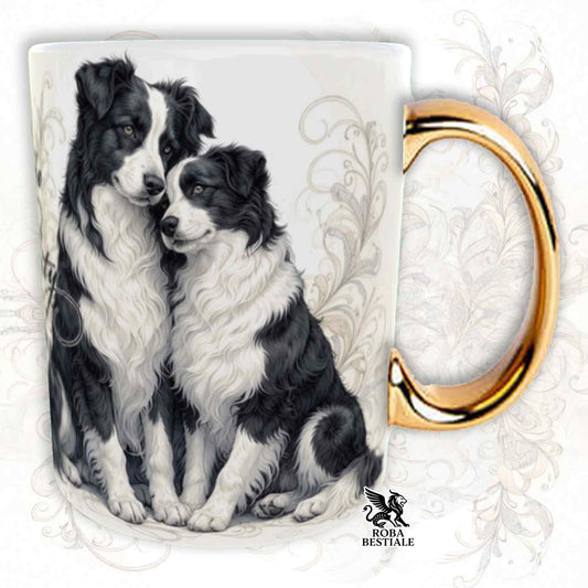 Tazza NOBILITY - BORDER COLLIE Bianco e Nero - Manico ORO - 330 ml - in Ceramica