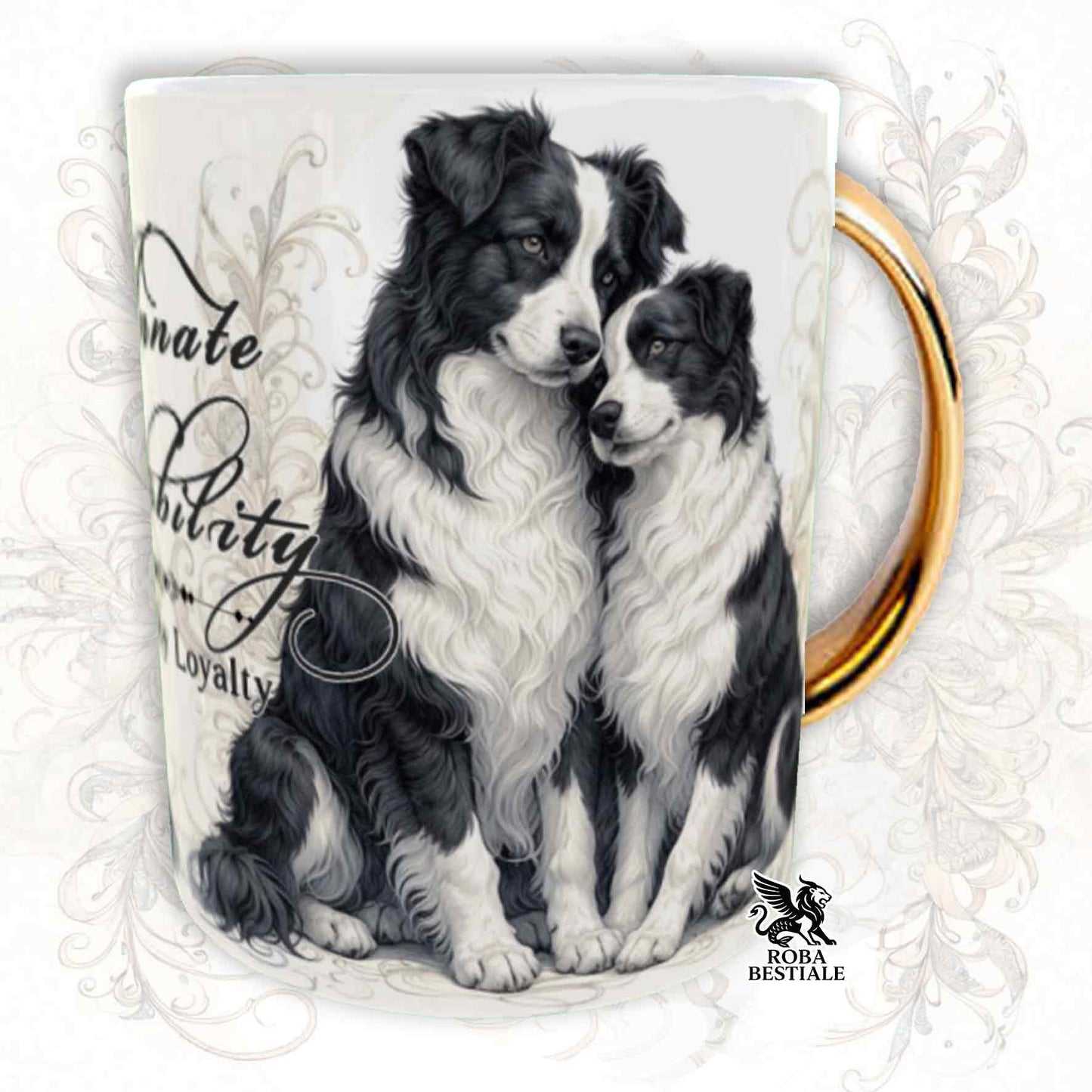 Tazza NOBILITY - BORDER COLLIE Bianco e Nero - Manico ORO - 330 ml - in Ceramica
