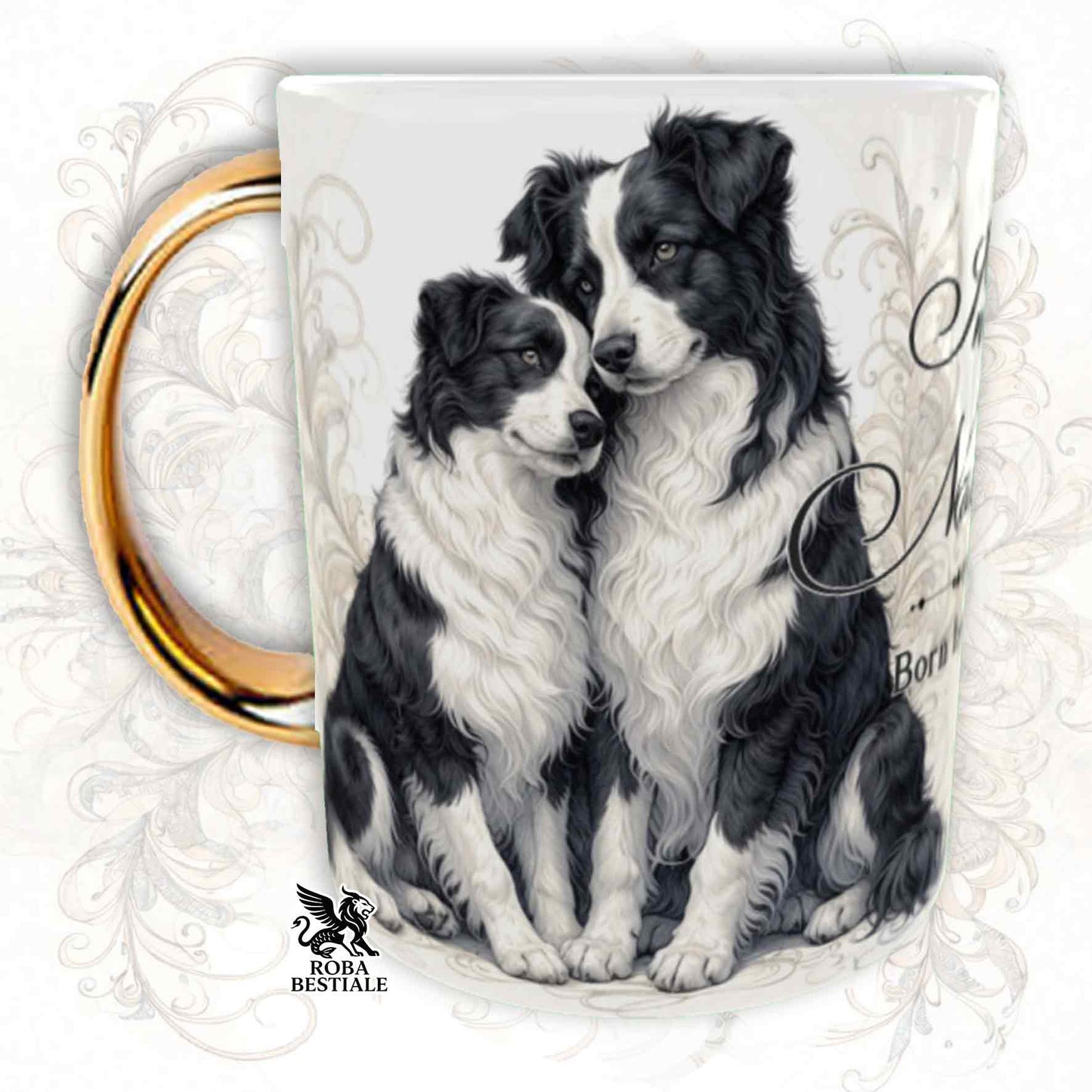 Tazza NOBILITY - BORDER COLLIE Bianco e Nero - Manico ORO - 330 ml - in Ceramica