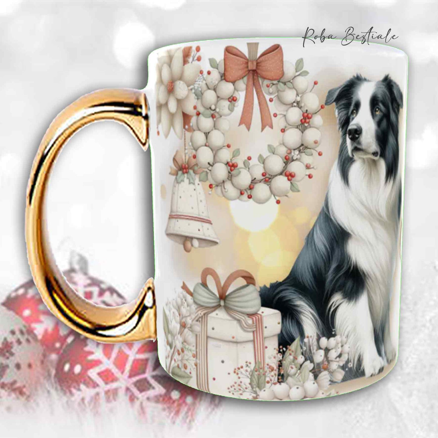 Tazza COZY WINTER - BORDER COLLIE Bianco e Nero - In Ceramica, con manico color Oro - 330 ml