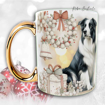 Tazza COZY WINTER - BORDER COLLIE Bianco e Nero - In Ceramica, con manico color Oro - 330 ml