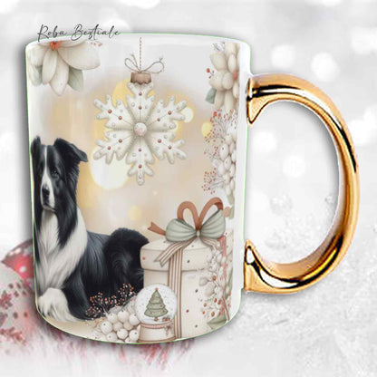 Tazza COZY WINTER - BORDER COLLIE Bianco e Nero - In Ceramica, con manico color Oro - 330 ml