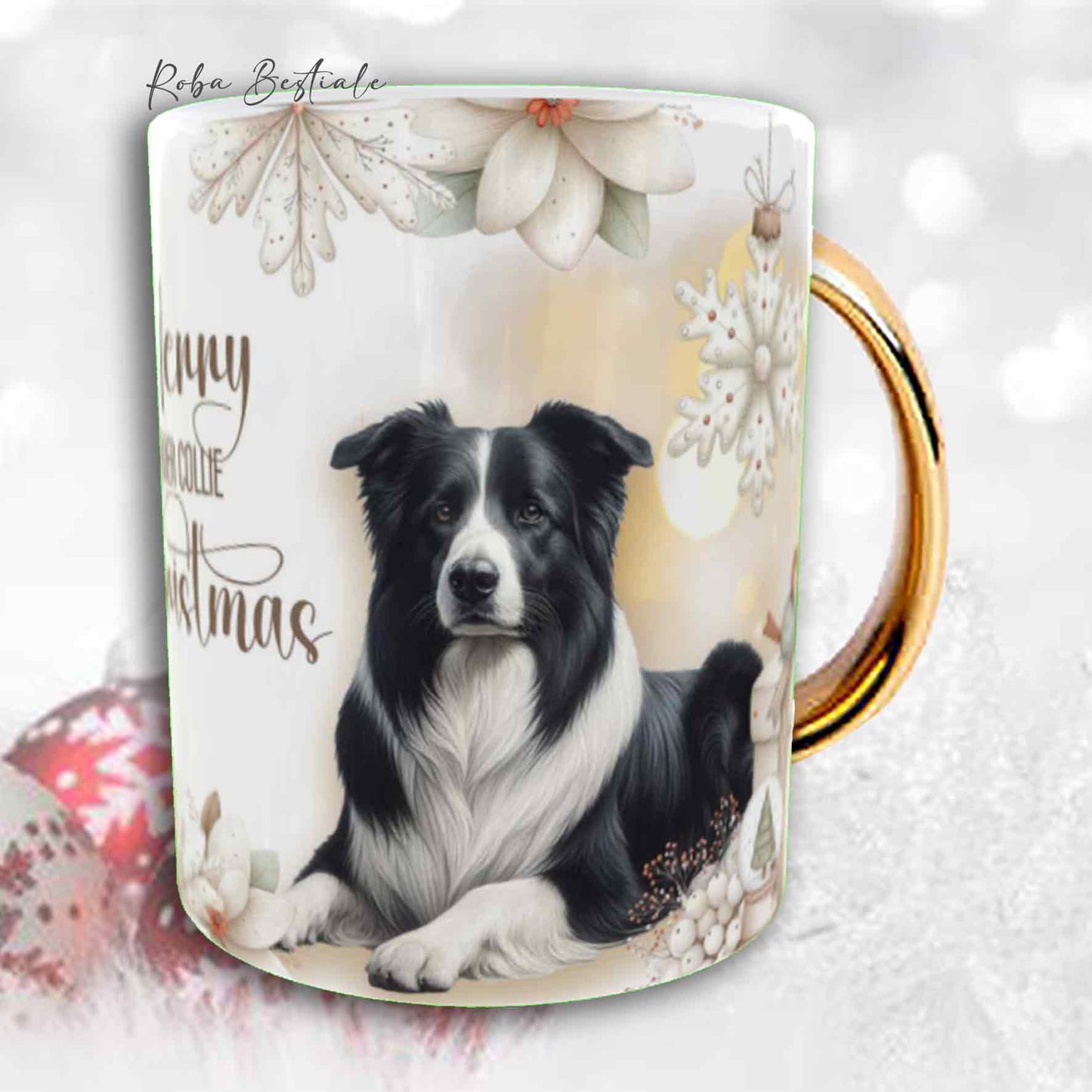 Tazza COZY WINTER - BORDER COLLIE Bianco e Nero - In Ceramica, con manico color Oro - 330 ml