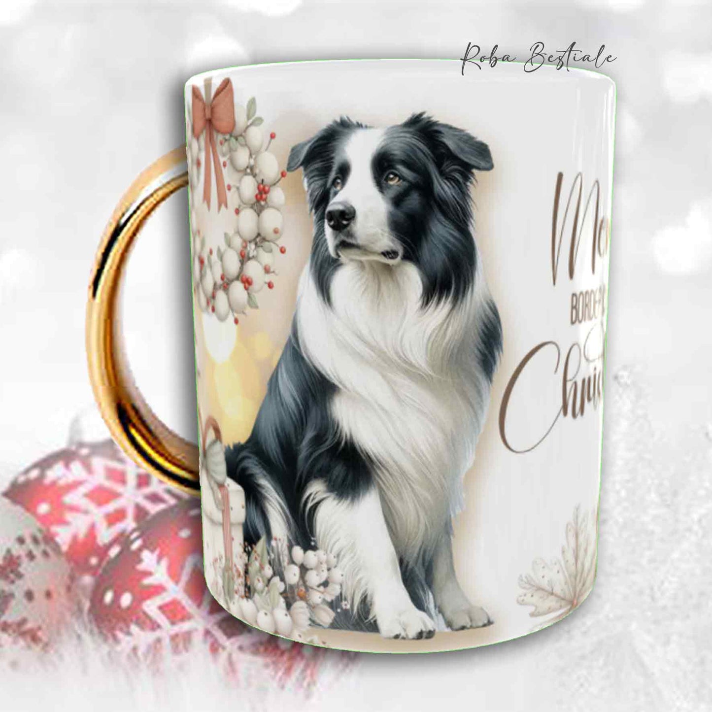 Tazza COZY WINTER - BORDER COLLIE Bianco e Nero - In Ceramica, con manico color Oro - 330 ml