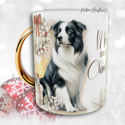 Tazza COZY WINTER - BORDER COLLIE Bianco e Nero - In Ceramica, con manico color Oro - 330 ml