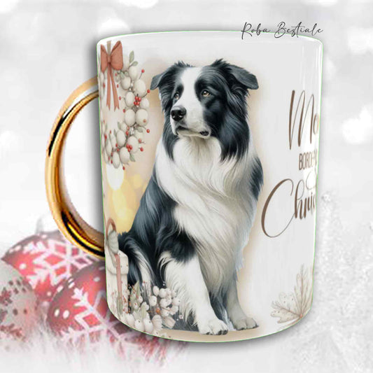 Tazza COZY WINTER - BORDER COLLIE Bianco e Nero - In Ceramica, con manico color Oro - 330 ml