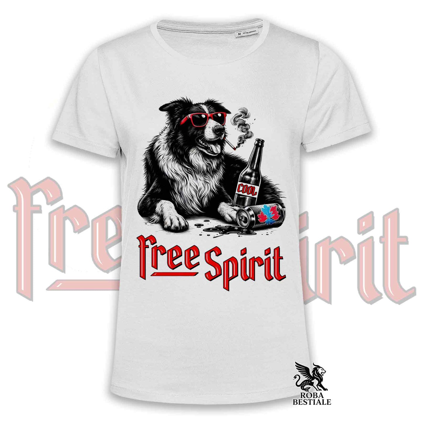 T-Shirt FREE SPIRIT - BORDER COLLIE Bianco e Nero - Bianca o Beige, da Uomo o da Donna - dalla XS alla 5XL