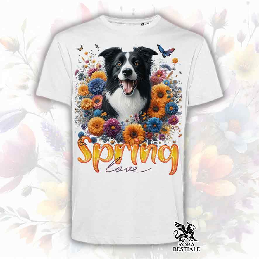 T-Shirt SPRING LOVE - BORDER COLLIE Bianco e Nero - Bianca o Beige, da Uomo o da Donna - dalla XS alla 5XL