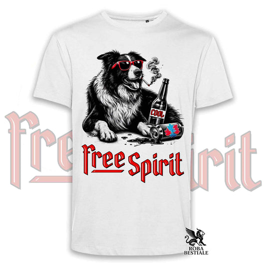 T-Shirt FREE SPIRIT - BORDER COLLIE Bianco e Nero - Bianca o Beige, da Uomo o da Donna - dalla XS alla 5XL