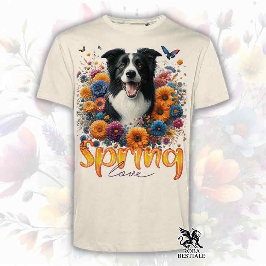 T-Shirt SPRING LOVE - BORDER COLLIE Bianco e Nero - Bianca o Beige, da Uomo o da Donna - dalla XS alla 5XL